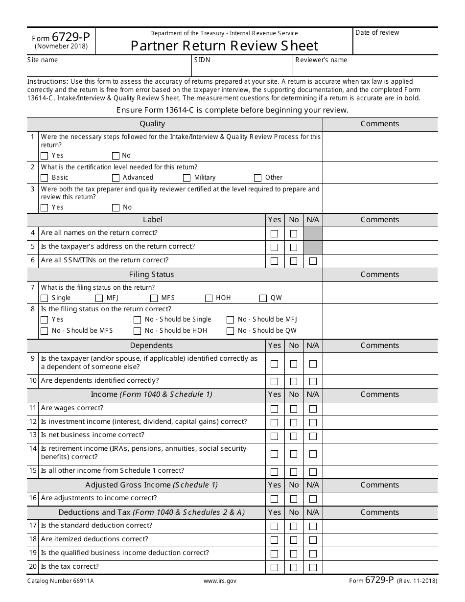 IRS Form 6729-P Partner Return Review Sheet, Page 1