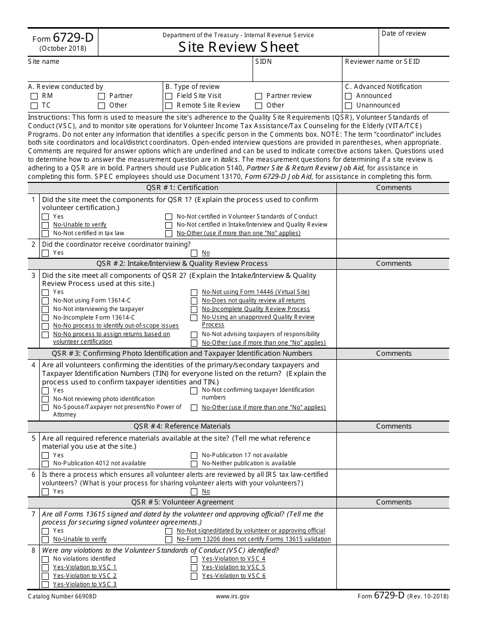 IRS Form 6729-D Site Review Sheet, Page 1