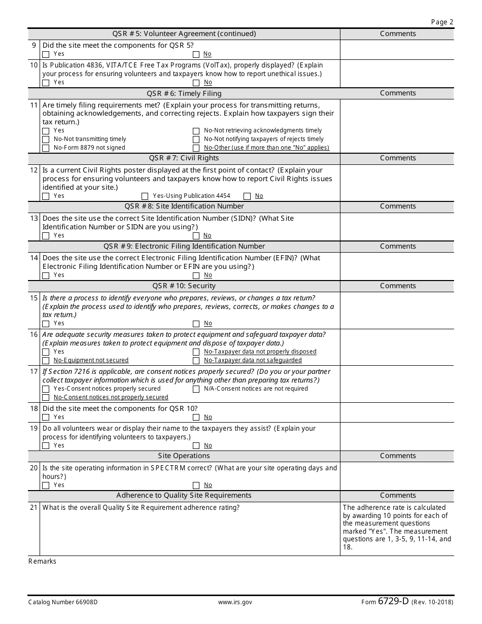 IRS Form 6729-D Site Review Sheet, Page 2