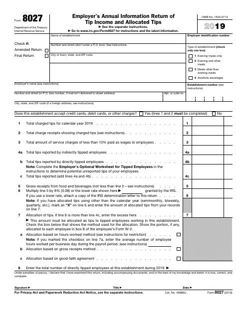 IRS Form 8027 - 2019 - Fill Out, Sign Online and Download Fillable PDF ...