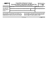 Document preview: IRS Form 8027-T Transmittal of Employer's Annual Information Return of Tip Income and Allocated Tips