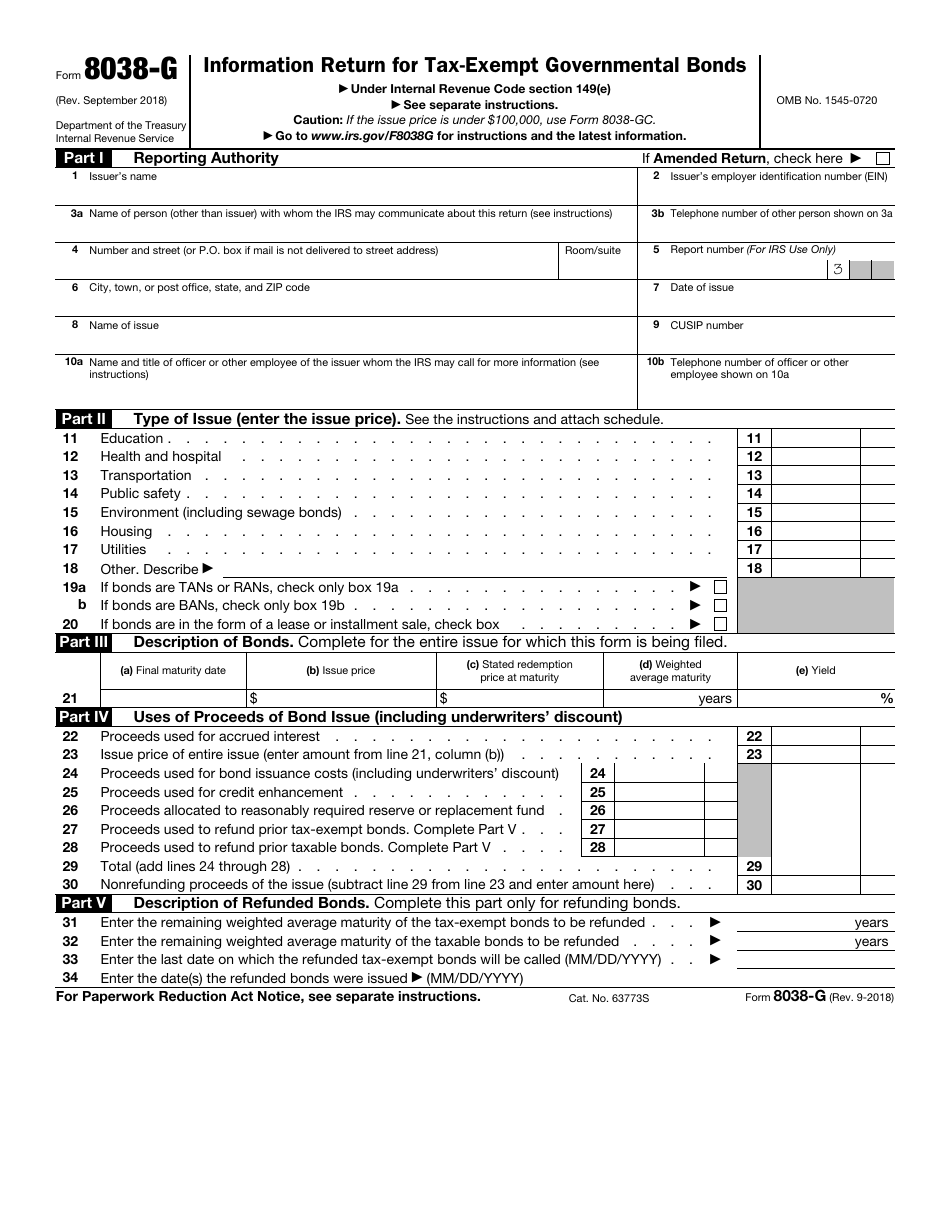 IRS Form 8038-G Information Return for Tax-Exempt Governmental Bonds, Page 1