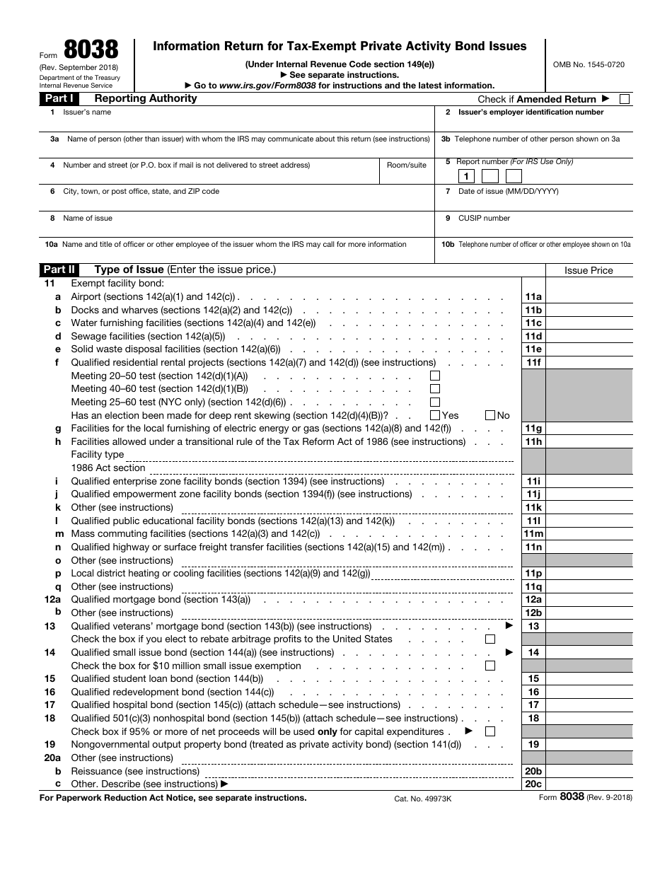 IRS Form 8038 Information Return for Tax-Exempt Private Activity Bond Issues, Page 1