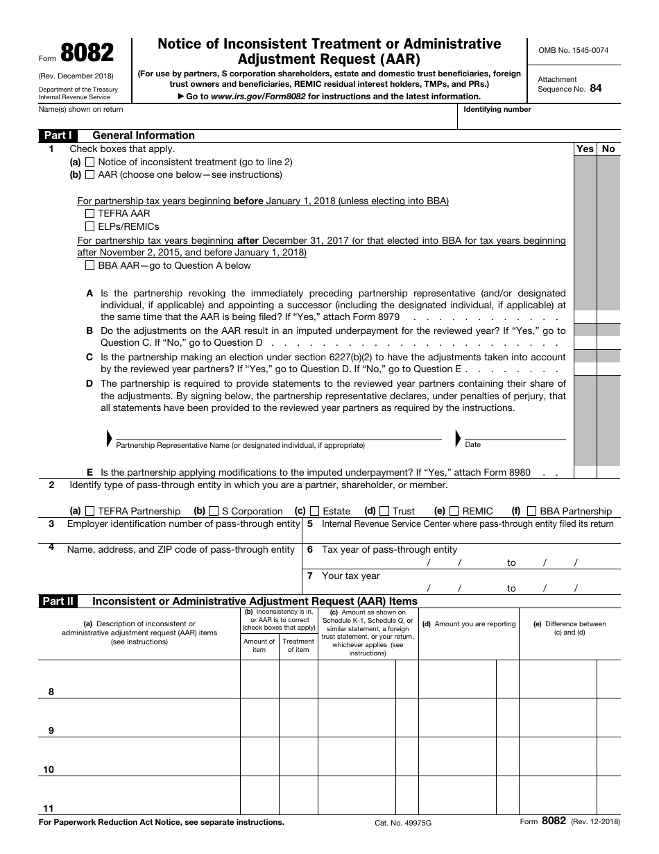 IRS Form 8082 Notice of Inconsistent Treatment or Administrative Adjustment Request (AAR), Page 1