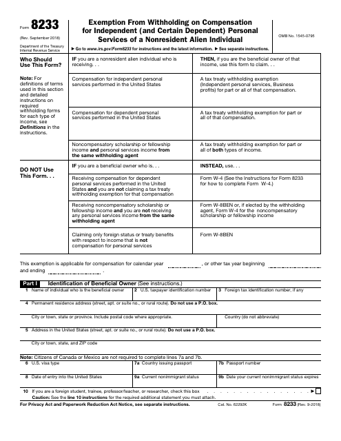 IRS Form 8233  Printable Pdf