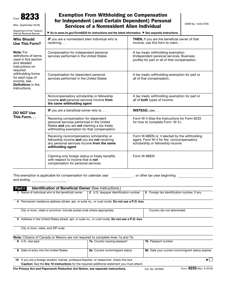 IRS Form 8233 Download Fillable PDF or Fill Online Exemption From