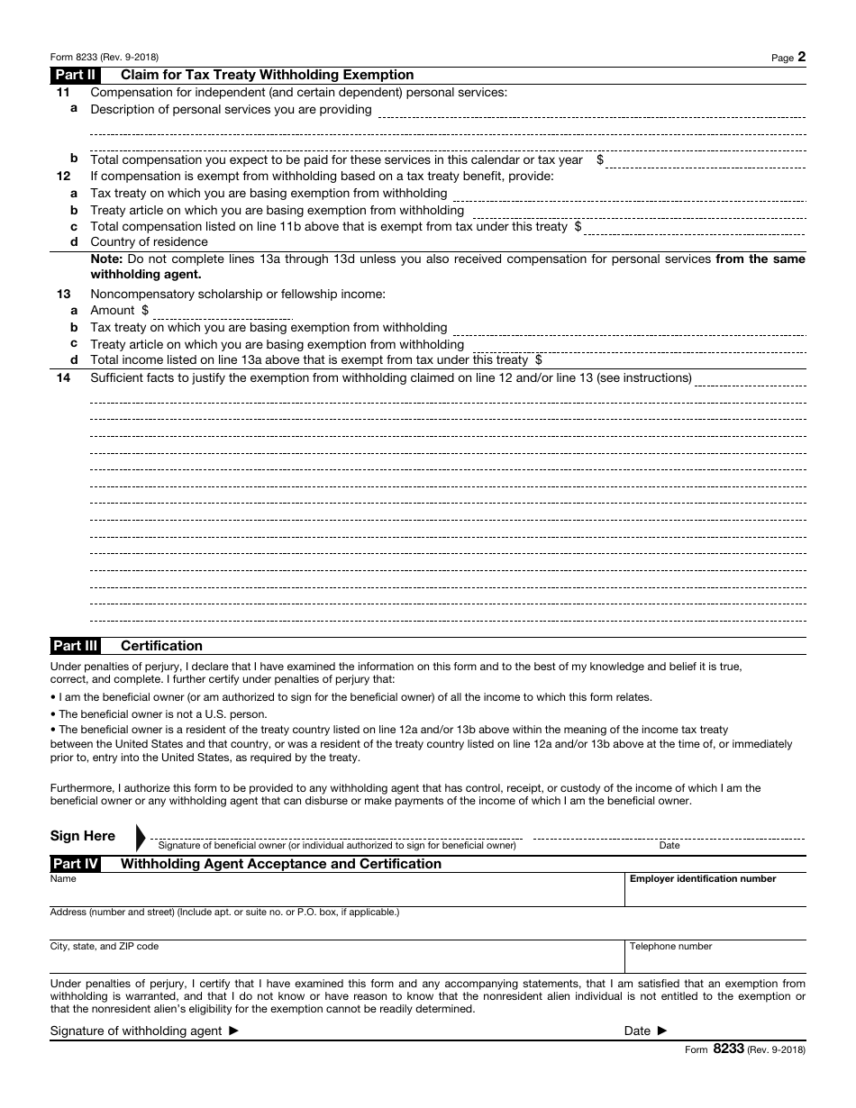 IRS Form 8233 Download Fillable PDF or Fill Online Exemption From ...