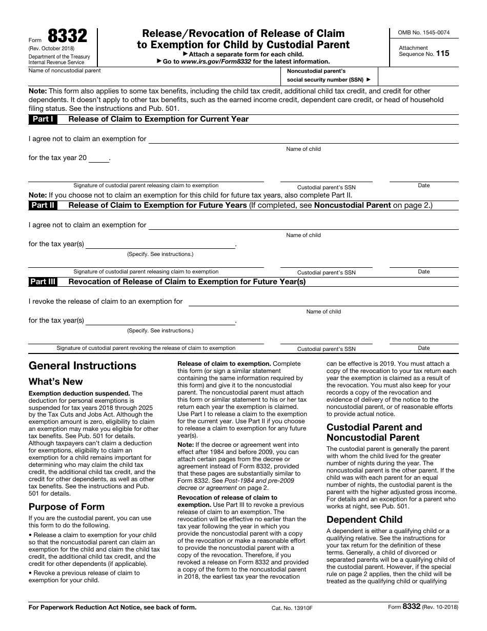 IRS Form 8332 Release / Revocation of Release of Claim to Exemption for Child by Custodial Parent, Page 1