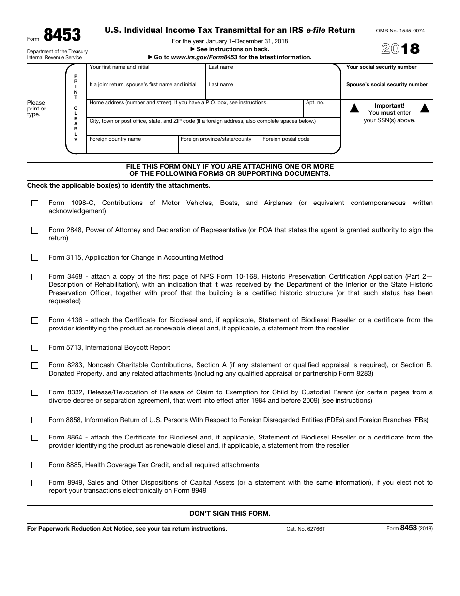 IRS Form 8453 U.S. Individual Income Tax Transmittal for an IRS E-File Return, Page 1