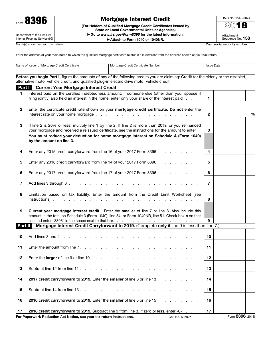 IRS Form 8396 Mortgage Interest Credit (For Holders of Qualified Mortgage Credit Certificates Issued by State or Local Governmental Units or Agencies), Page 1