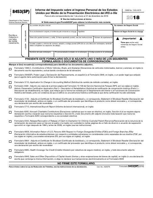 IRS Form 8453(SP) 2018 Printable Pdf