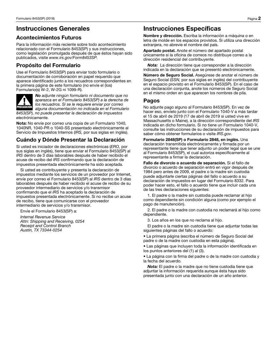 IRS Formulario 8453(SP) Informe Del Impuesto Sobre El Ingreso Personal De Los Estados Unidos Por Medio De La Presentacion Electronica Del IRS E-File (Spanish), Page 2