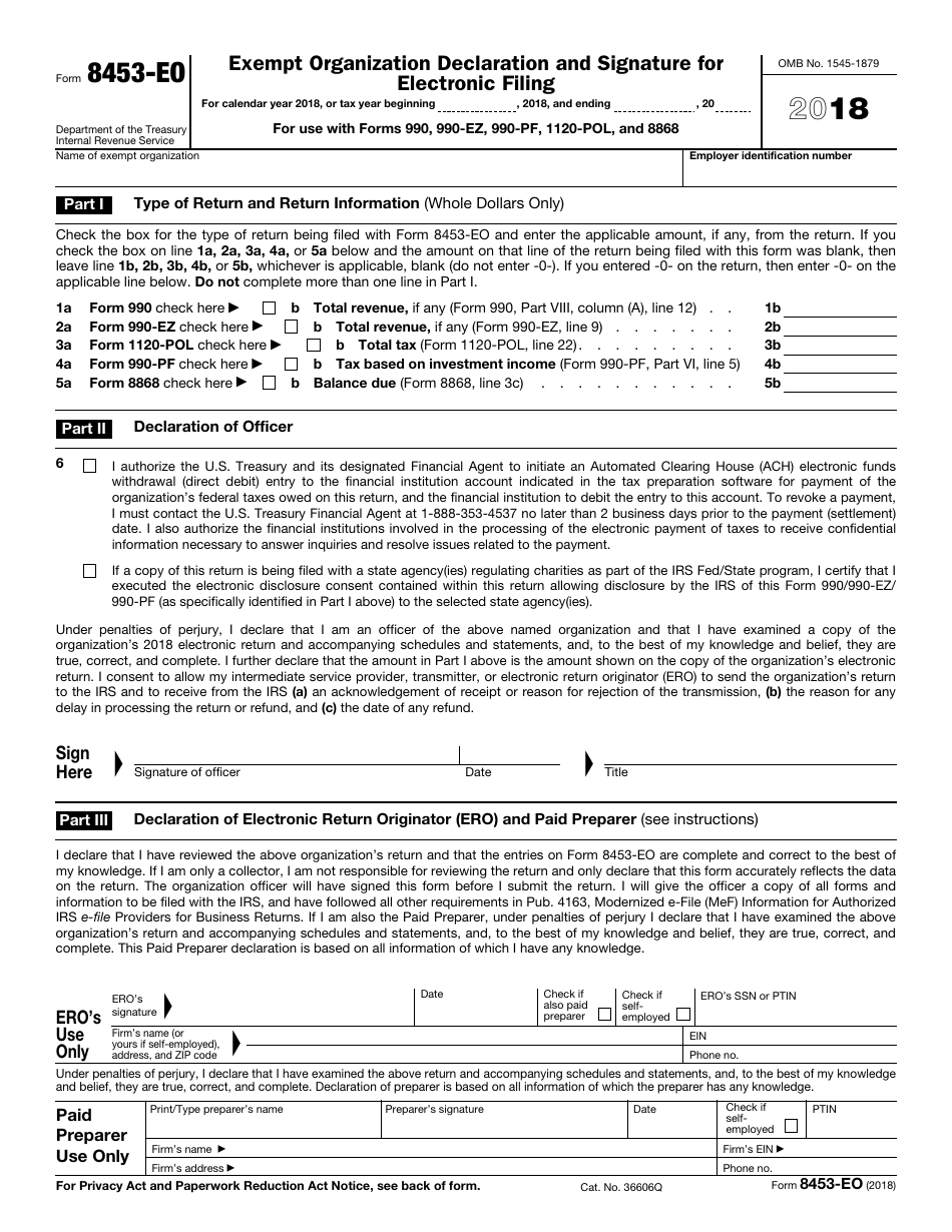 IRS Form 8453-E0 Exempt Organization Declaration and Signature for Electronic Filing, Page 1