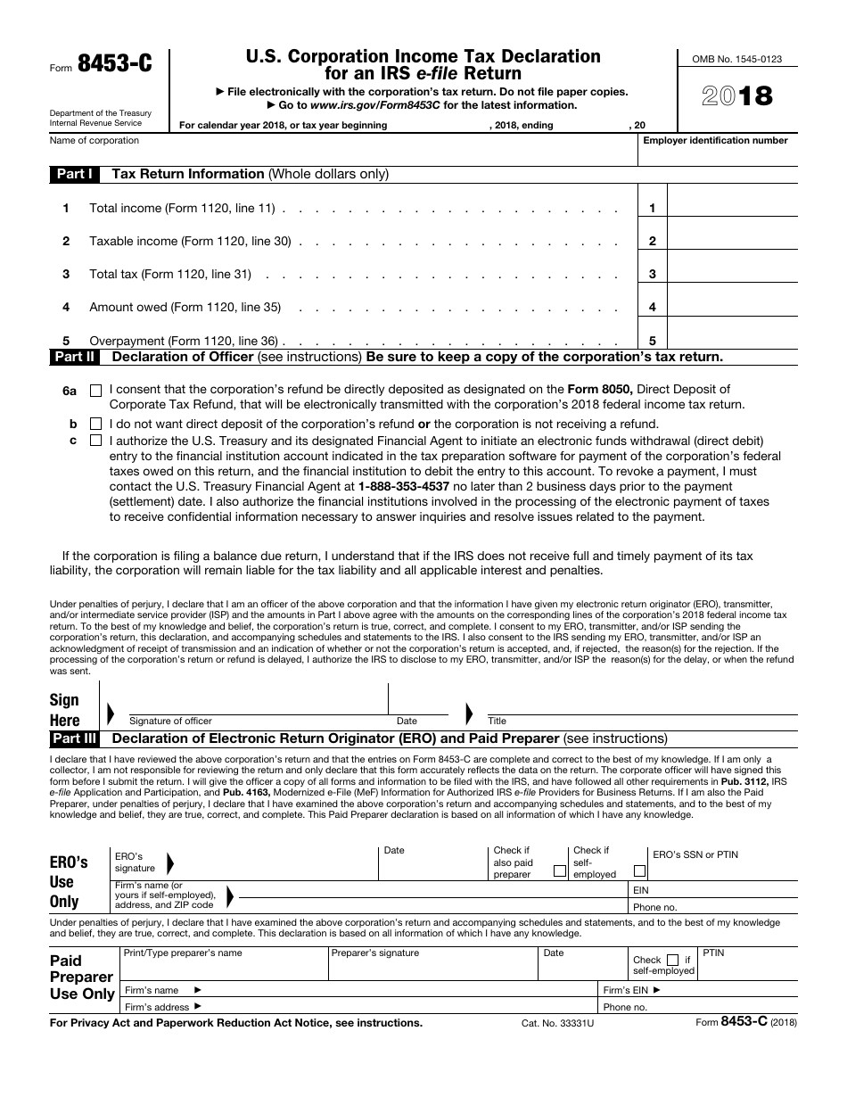 IRS Form 8453-C U.S. Corporation Income Tax Declaration for an IRS E-File Return, Page 1
