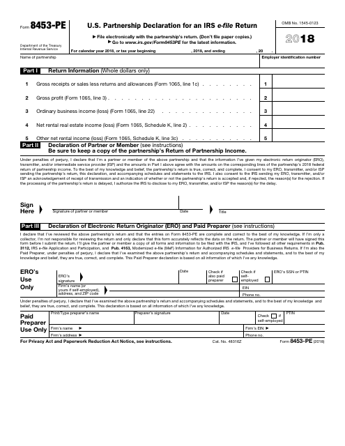 IRS Form 8453-PE 2018 Printable Pdf