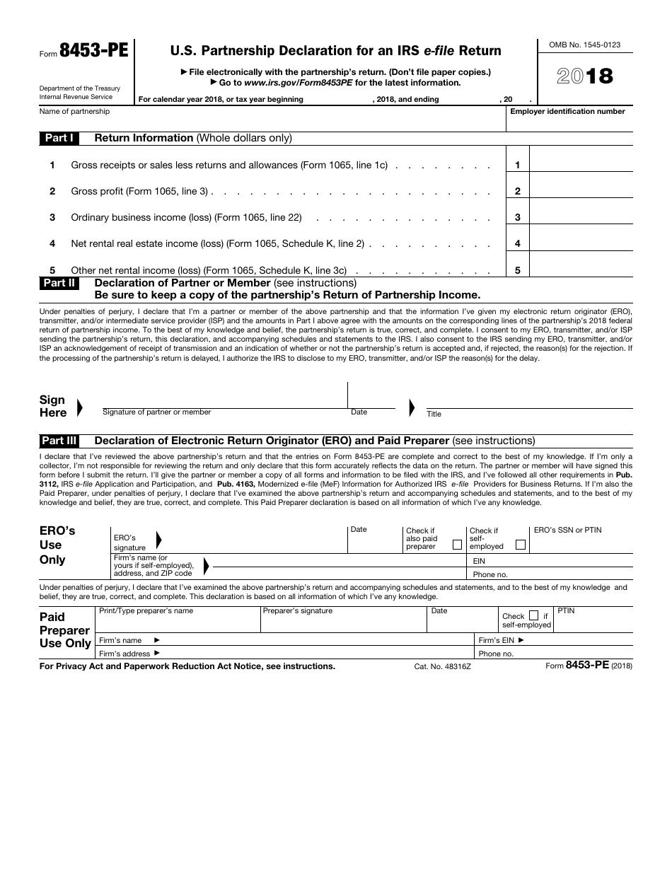 IRS Form 8453-PE U.S. Partnership Declaration for an IRS E-File Return, Page 1