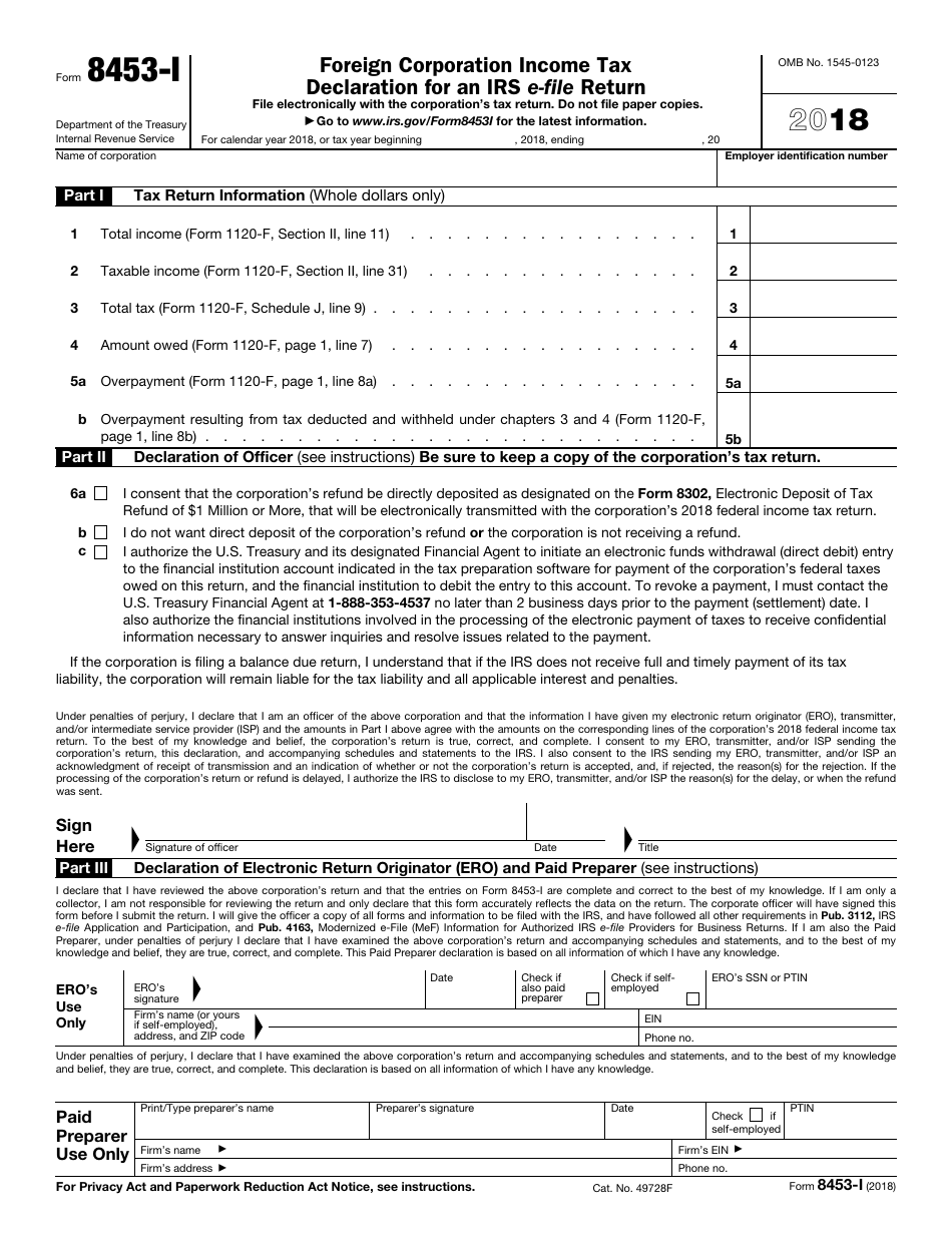 IRS Form 8453-I Foreign Corporation Income Tax Declaration for an IRS E-File Return, Page 1