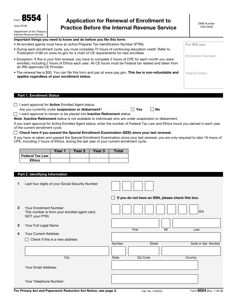 IRS Form 8554 Application for Renewal of Enrollment to Practice Before the Internal Revenue Service, Page 1