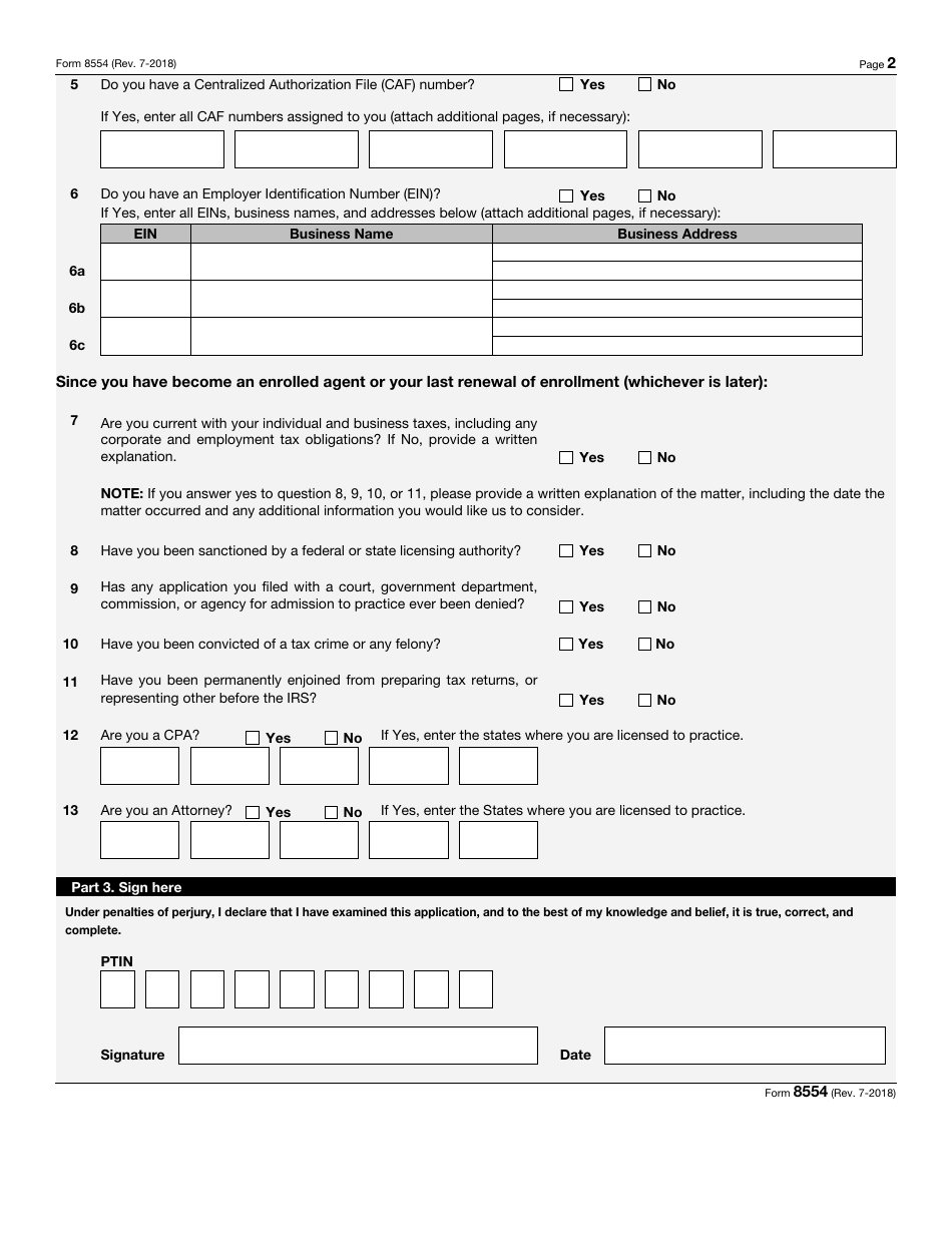 IRS Form 8554 Application for Renewal of Enrollment to Practice Before the Internal Revenue Service, Page 2