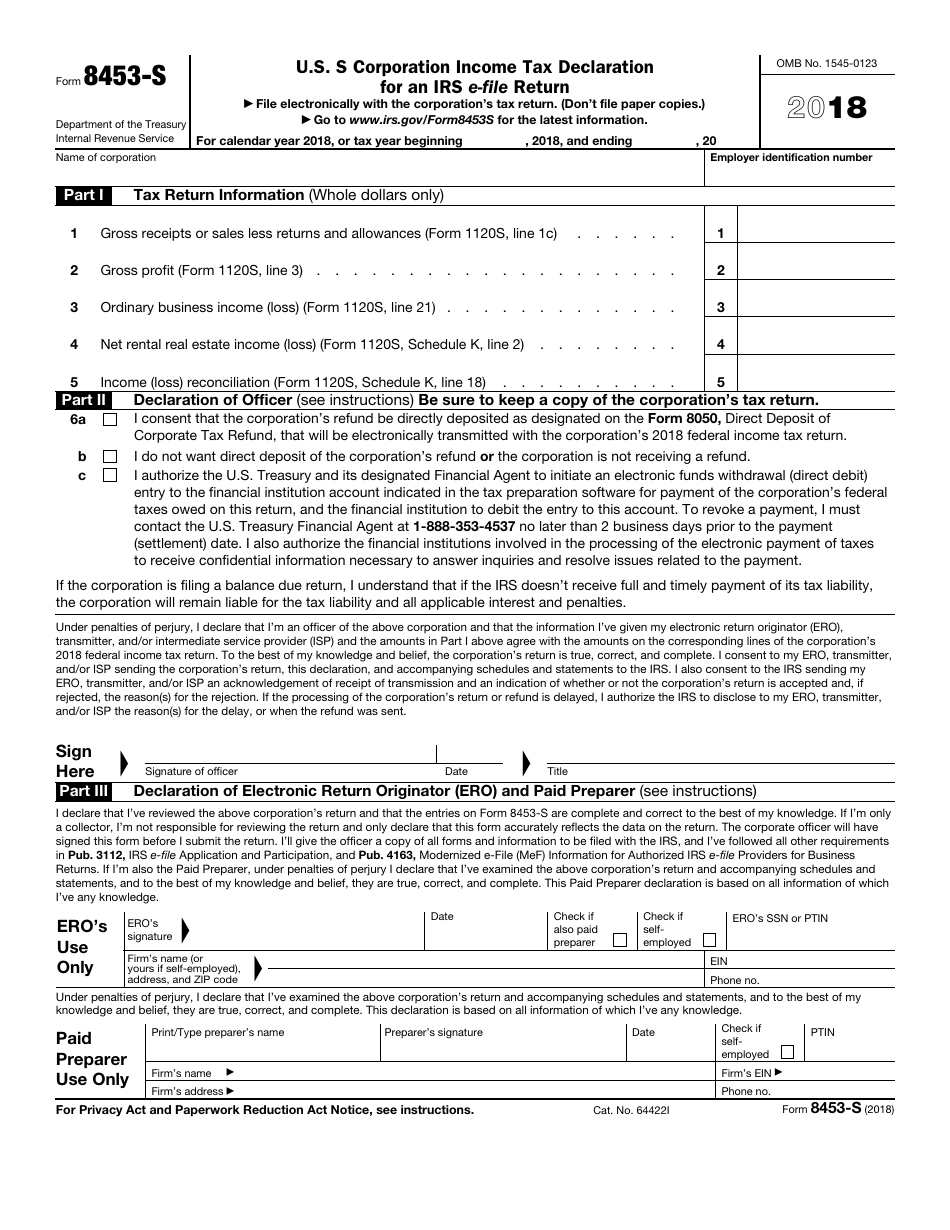 IRS Form 8453-S U.S. S Corporation Income Tax Declaration for an IRS E-File Return, Page 1