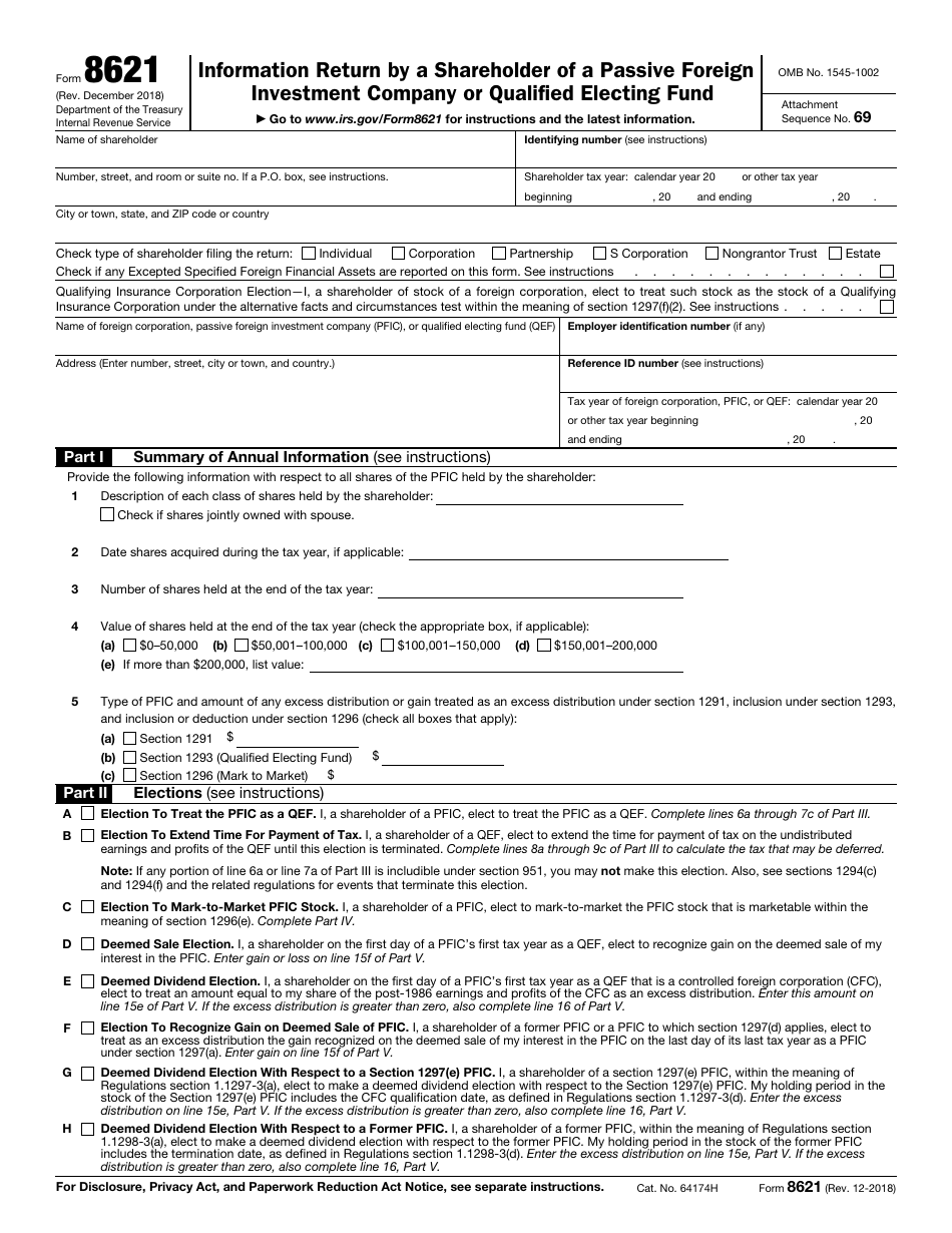 IRS Form 8621 Information Return by a Shareholder of a Passive Foreign Investment Company or Qualified Electing Fund, Page 1
