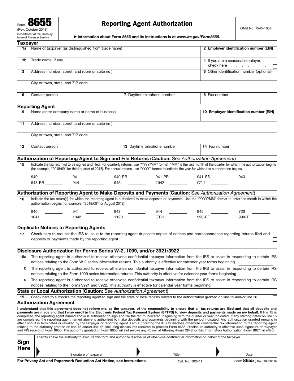 Irs Form 8655 Download Fillable Pdf Or Fill Online Reporting Agent Authorization Templateroller
