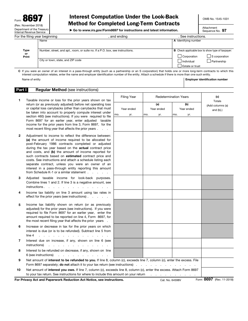 IRS Form 8697 Interest Computation Under the Look-Back Method for Completed Long-Term Contracts, Page 1