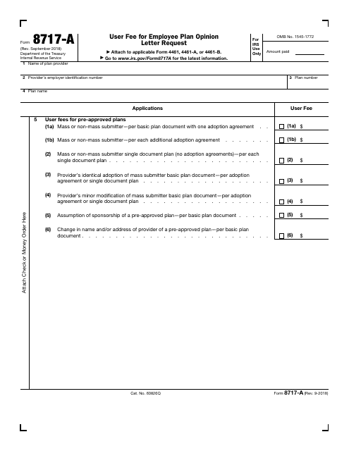 IRS Form 8717-A User Fee for Employee Plan Opinion Letter Request