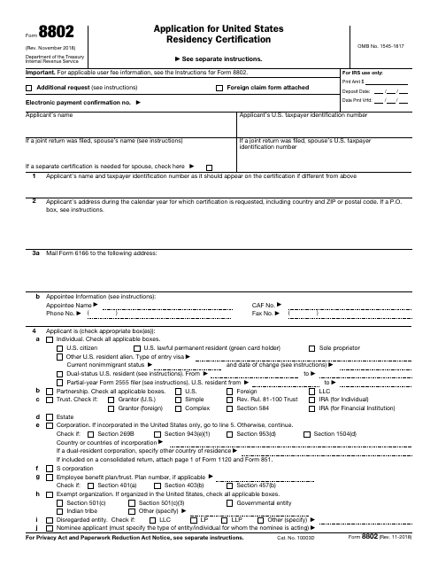 IRS Form 8802  Printable Pdf