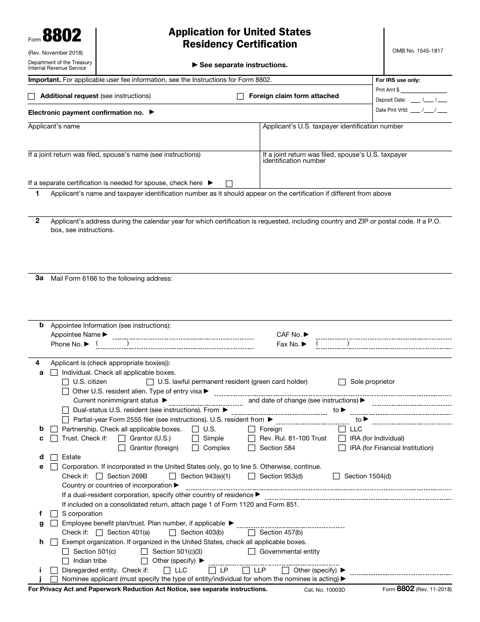 IRS Form 8802 Application for United States Residency Certification, Page 1