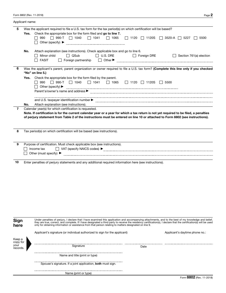 IRS Form 8802 Application for United States Residency Certification, Page 2