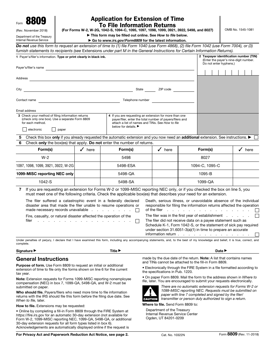 IRS Form 8809 Application for Extension of Time to File Information Returns, Page 1