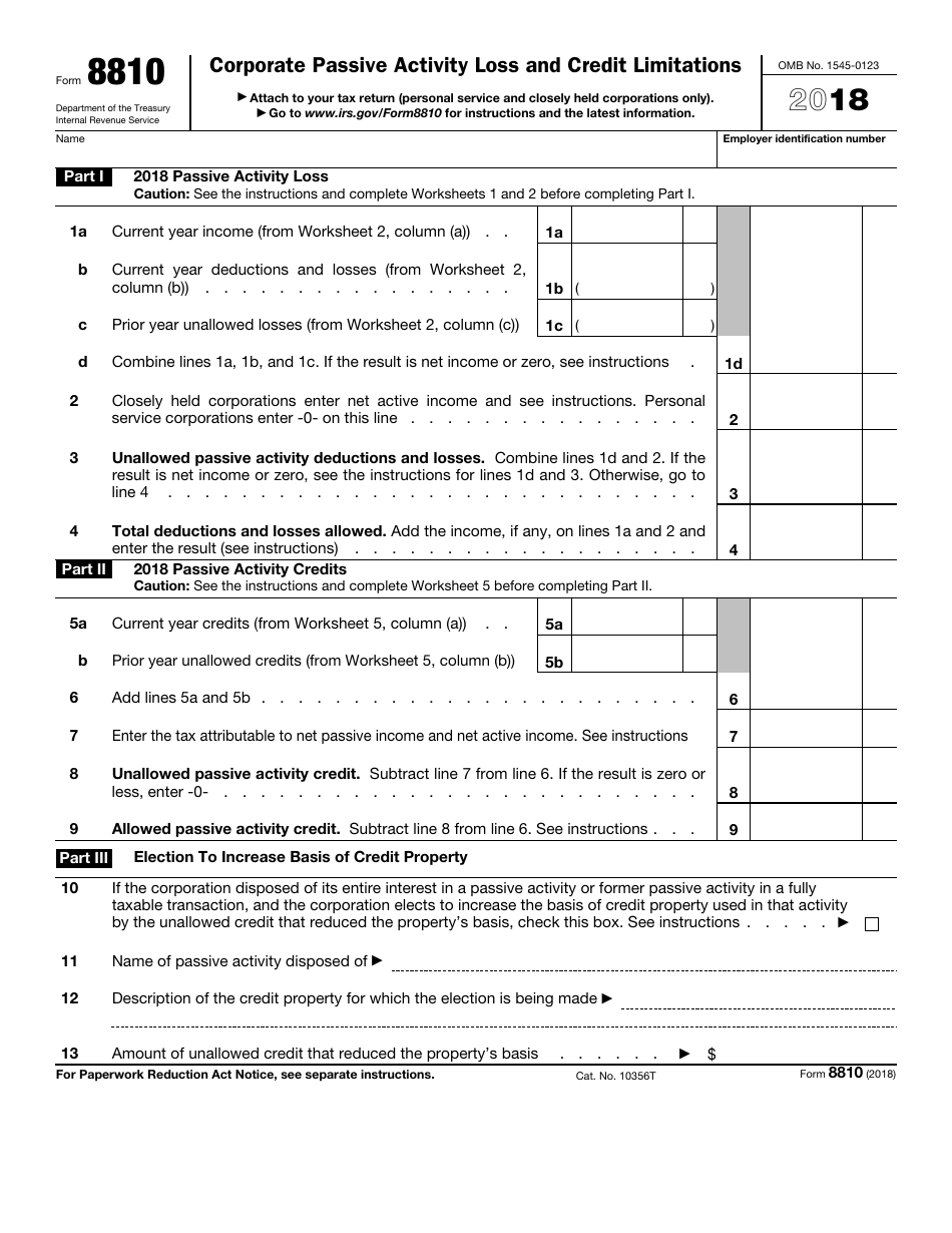 IRS Form 8810 Corporate Passive Activity Loss and Credit Limitations, Page 1