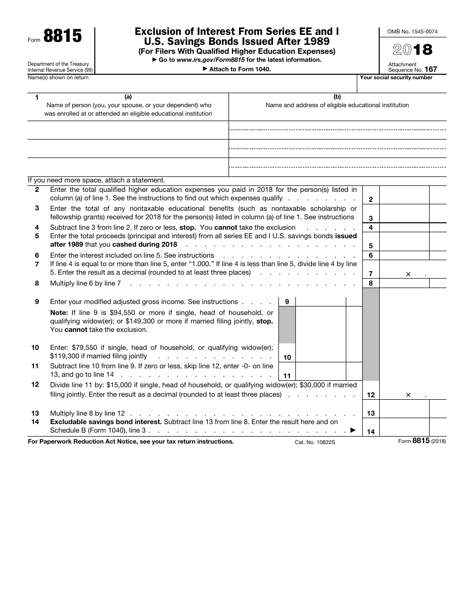 IRS Form 8815 Exclusion of Interest From Series Ee and I U.S. Savings Bonds Issued After 1989 (For Filers With Qualified Higher Education Expenses), Page 1