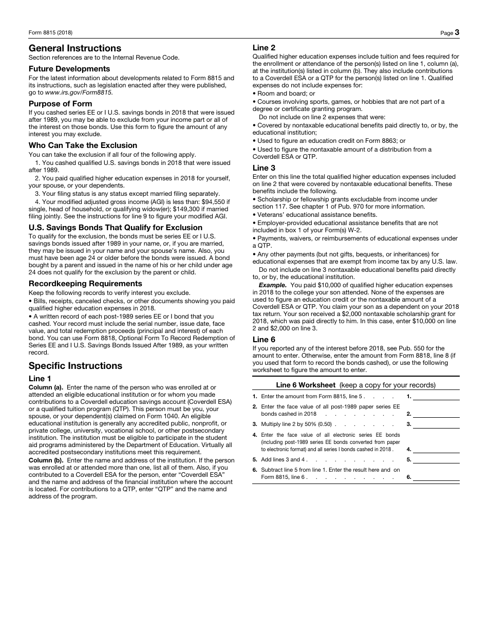 IRS Form 8815 Exclusion of Interest From Series Ee and I U.S. Savings Bonds Issued After 1989 (For Filers With Qualified Higher Education Expenses), Page 3