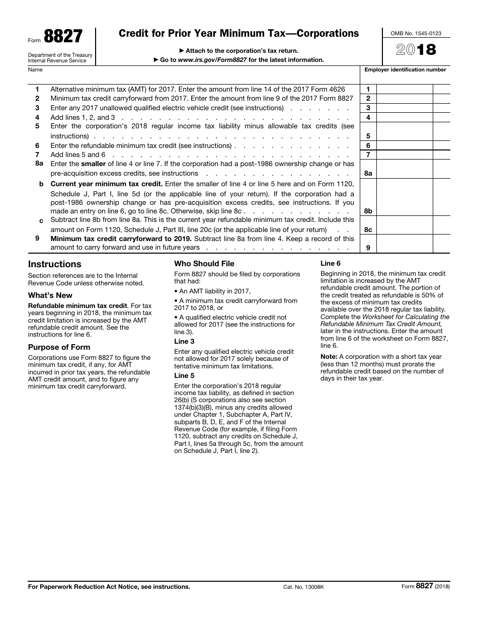 IRS Form 8827 Credit for Prior Year Minimum Tax - Corporations, Page 1