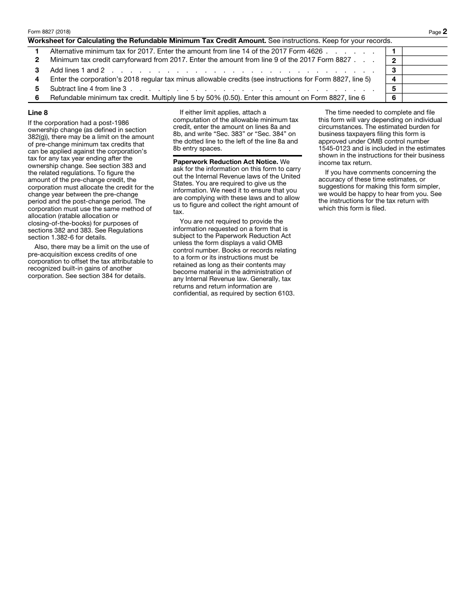 IRS Form 8827 Credit for Prior Year Minimum Tax - Corporations, Page 2