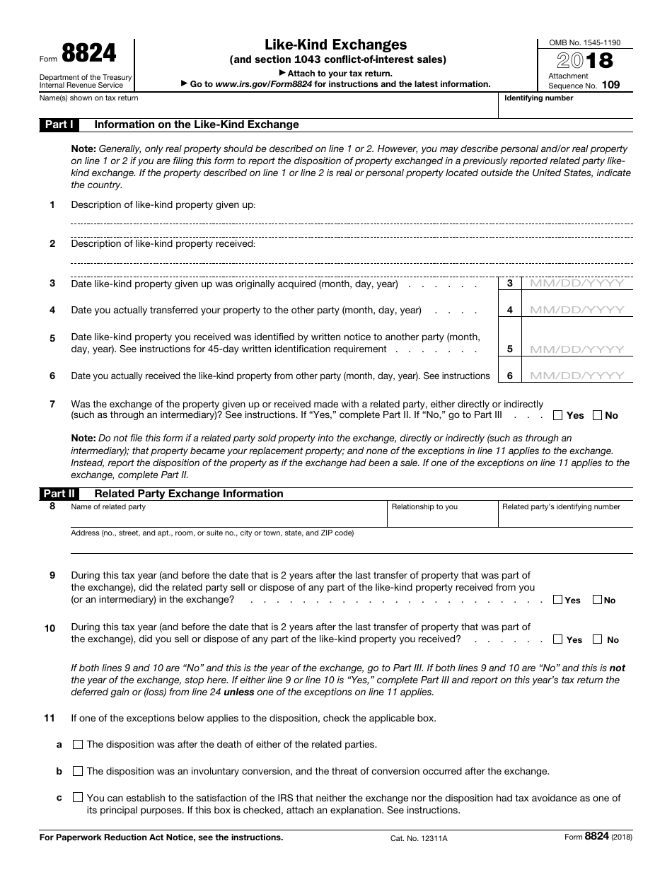 IRS Form 8824 Like-Kind Exchanges (And Section 1043 Conflict-Of-Interest Sales), Page 1