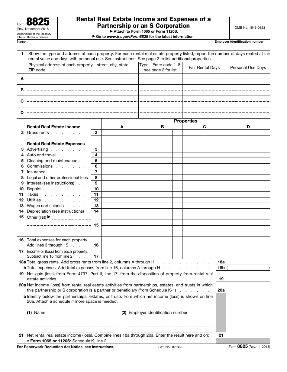 IRS Form 8825 Rental Real Estate Income and Expenses of a Partnership or an S Corporation, Page 1