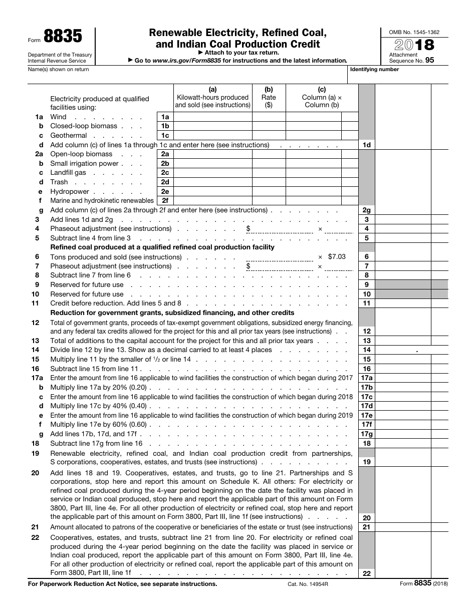 IRS Form 8835 Renewable Electricity, Refined Coal, and Indian Coal Production Credit, Page 1