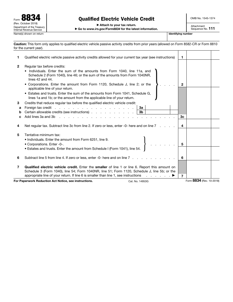 IRS Form 8834 Qualified Electric Vehicle Credit, Page 1