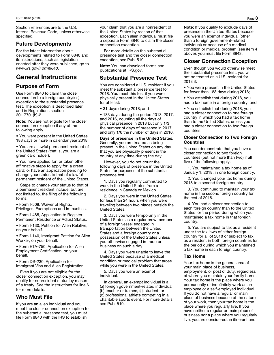 IRS Form 8840 Closer Connection Exception Statement for Aliens, Page 3