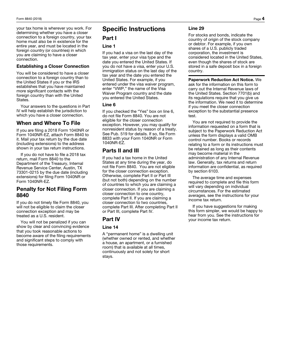 IRS Form 8840 Closer Connection Exception Statement for Aliens, Page 4