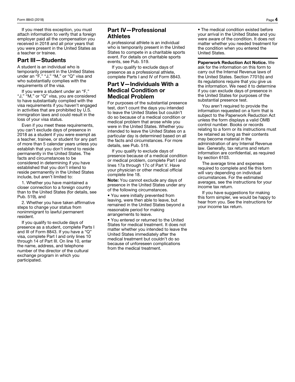 IRS Form 8843 Statement for Exempt Individuals and Individuals With a Medical Condition, Page 4