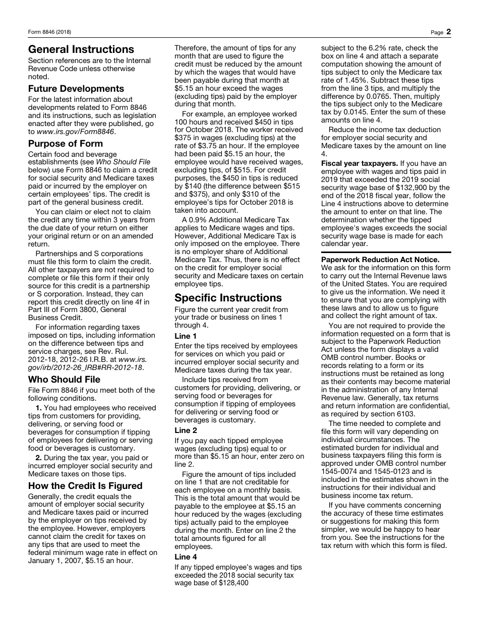 IRS Form 8846 Credit for Employer Social Security and Medicare Taxes Paid on Certain Employee Tips, Page 2