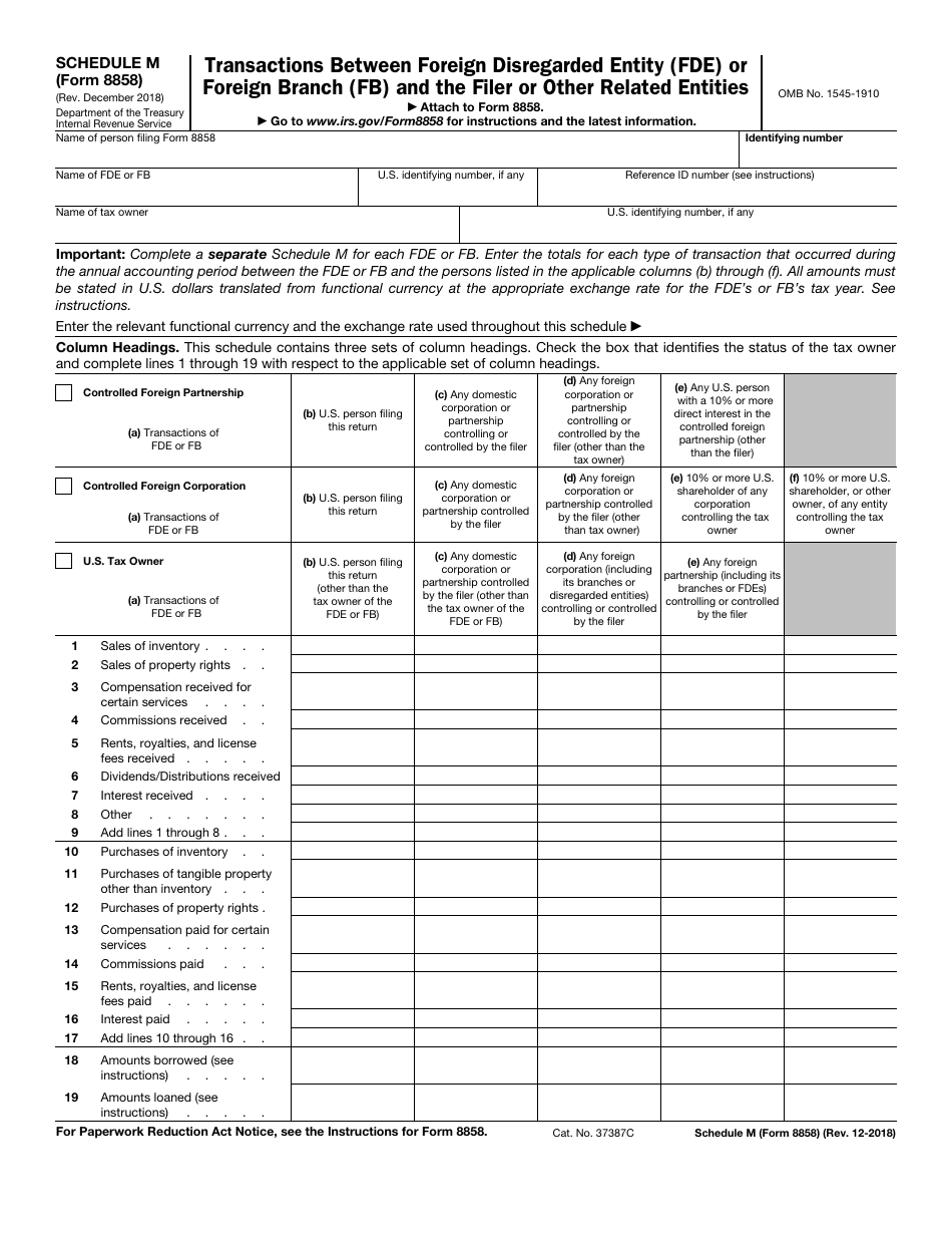 IRS Form 8858 Schedule M Transactions Between Foreign Disregarded Entity (Fde) or Foreign Branch (Fb) and the Filer or Other Related Entities, Page 1
