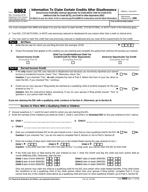 IRS Form 8862  Printable Pdf