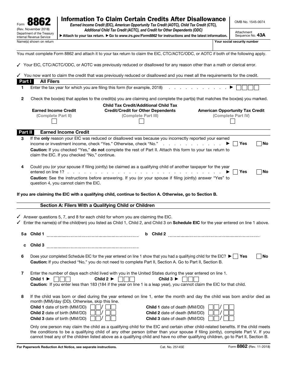 IRS Form 8862 Information to Claim Certain Credits After Disallowance, Page 1