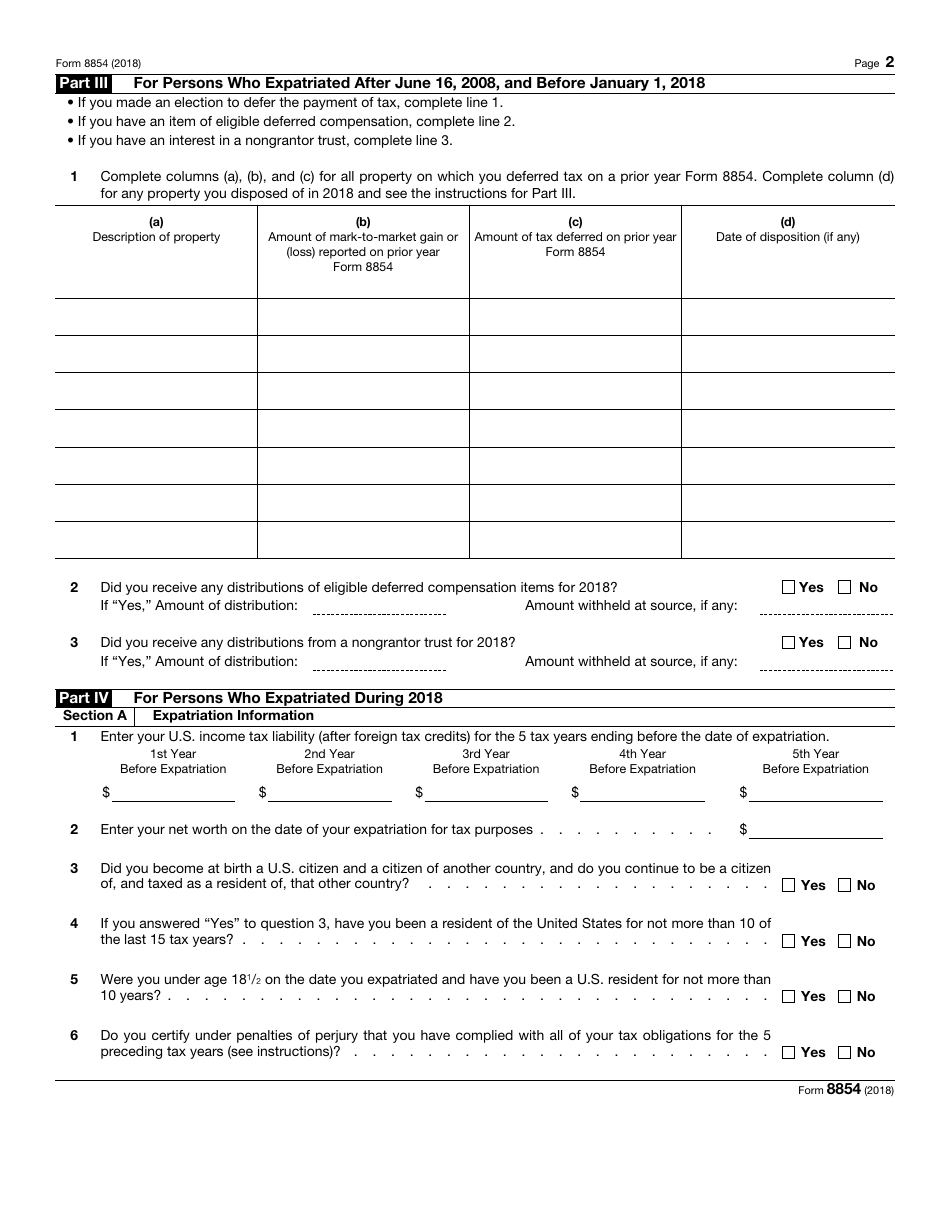 IRS Form 8854 Initial and Annual Expatriation Statement, Page 2