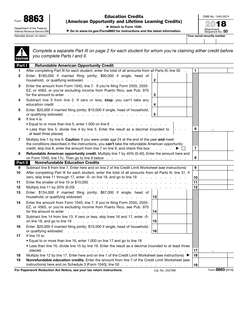 IRS Form 8863 Education Credits (American Opportunity and Lifetime Learning Credits), Page 1